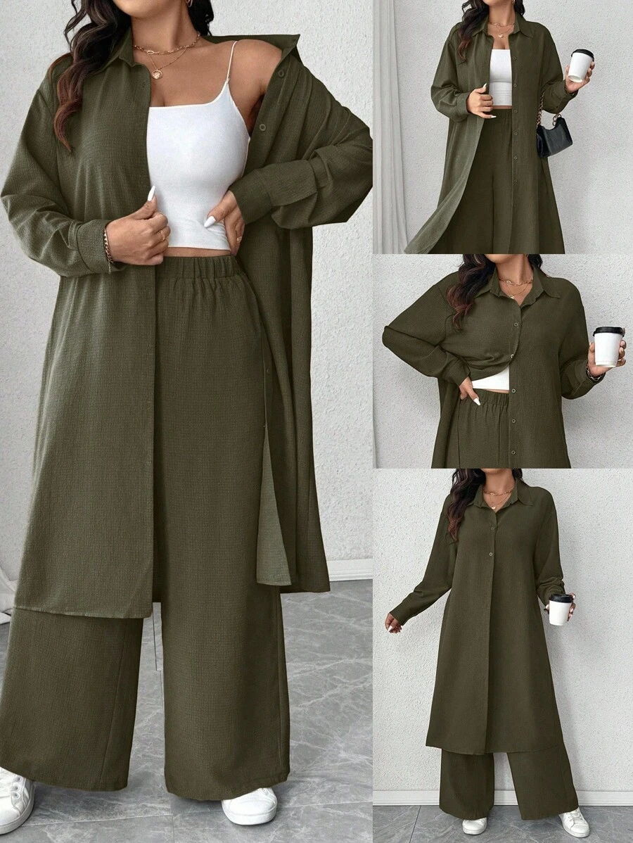 SHEIN EMERY ROSE CURVE 女士梭织面料荷叶边套装,长裤和领口,橄榄绿色套装,女士长裤套装,加大码长裤套装,卡其色女士套装,简约女士套装 - 軍綠色 - 查看 1