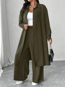 Linhara Woven Fabric Ruffle Suit Set For Women Featuring Long Pants And Collar Neckline Olive Green Outfit Women Women Pant Suit Set Plus Size Pant Suit Khaki Outfits For Women Modest Outfits For Women Fall Cloth For Women