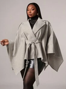 SHEIN SXY Áo khoác ngoài kiểu dáng áo choàng màu mơ thanh lịch dành cho nữ cỡ lớn, thích hợp cho đi làm, đi chơi, công sở - Màu be - Xem 2