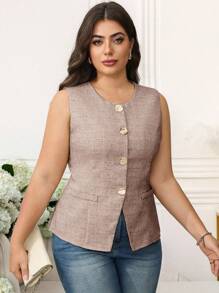 Ellevyn Conjunto de chaleco, pantalones y camisa de negocios informales de moda de verano para tallas grandes - Rosa - Ver 6