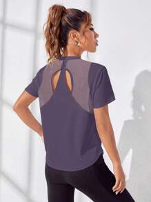 Easithlete 女士镂空后背圆领短袖休闲健身运动T恤健身房衬衫 - 紫色 - 查看 3
