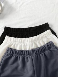 SHEIN 儿童夏季柔软舒适三件套，少女黑色、白色、灰色弹力腰针织宽松短裤，四季皆宜，返校季百搭休闲短裤，简约纯色运动短裤，舒适可爱弹力腰短裤 - 深灰色 - 查看 3