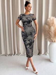 Lavishia Grön blommig klänning med rund halsringning och kort ärm för kvinnor - Grå - Visa 5