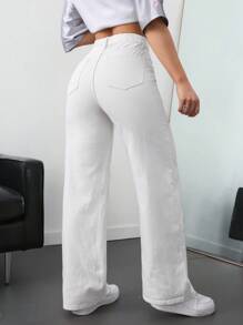 SHEIN ICON 大码女式休闲口袋直筒白色牛仔裤 - 白色 - 查看 2