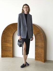 Uhlyne Uhlyne Blazer de manga larga con bolsillos, cuello de chal, mezcla de lana TR para otoño/invierno - Gris - Ver 8