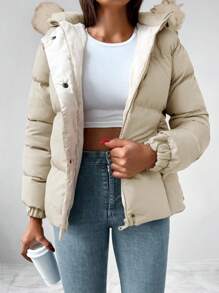 毛絨裝飾連帽棉裝外套,側邊口袋設計 - 白色 - 查看 5