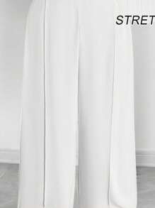SHEIN CURVE+ Plus Size Women's Solid Color Pleated Pants, Black Loose Wide Leg Pants, Curve Plus, Boho Vacation - White - View 7