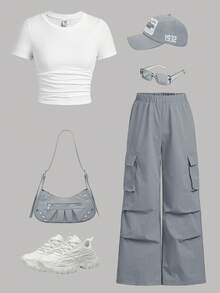 SHEIN Girlism Teen Girl Ribbed Ruched Short Sleeve T-Shirt & Ruched Pocket Pants 2 Pieces Casual Set Girld Outfit Set Clothes Set Outfit Girls Outfits - Light Grey - View 9