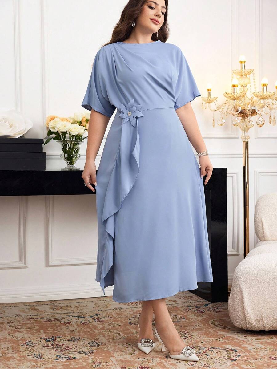 Modelyn Plus Size Women 3D Floral Decor Ruffle Hem Split Romantic Dress - Blue - View 1
