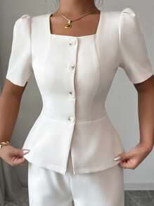 Elenzga 2 件套全新设计纽扣衬衫，腰部收紧，直筒长裤，女士服装，春夏毕业季 - 杏色 - 查看 4