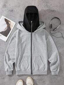 Manfinity Dauomo 男士双层连帽卫衣，休闲拉链连帽外套，复古夹克，适合秋冬季，现在流行，时尚夹克，酷炫外套，兄弟姐妹礼物，爸爸礼物，休闲简约时尚上衣 - 灰色 - 查看 5