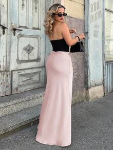 Jeta Ari 女士纯色高腰鱼尾下摆优雅时尚半身裙，女士生日半身裙，女士超长半身裙，女士生日半身裙，女士夏季服装，紫色缎面优雅超长半身裙 - 淺粉色 - 查看 2