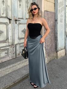 Jeta Ari Solid Mermaid Hem Skirt Maxi Women Outfit - Grey - View 4