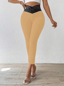 SHEIN Clasi Women's Waist Mesh Patchwork Skinny Fashion Pants - Apricot - View 4