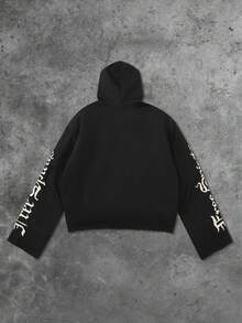 ROMWE MEN Goth 男士字母刺绣拉链连帽卫衣，街头美式风格设计，秋季 - 黑色 - 查看 2