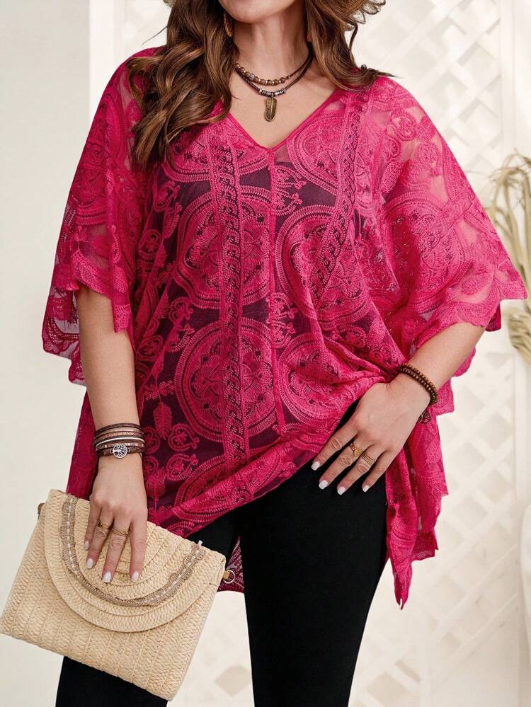 Plus Size Women Lace Floral Embroidery Mesh V-Neck Bating Sleeve Loose Blouse,Fall Plus Size,Business Casual Woman,Classy For Women,For Stylish Everyday Wear,Fall For Women,Chic Autumn