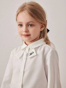 PrepCrw 年轻女孩学院风字母刺绣翻领前扣长袖衬衫 - 白色 - 查看 5