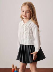 PrepCrw Blusa de manga larga con volantes, botones y decoración de lazo en estilo preppy para niñas jóvenes - Blanco - Ver 6
