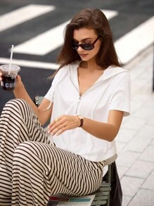 Hanevo 女式休闲不对称抽绳拉链连帽短袖提花 T 恤，夏季/秋季 - 白色 - 查看 4