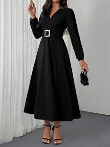 EURMUSE Vestido largo y elegante de mujer con pliegues y cinturón - Negro - Ver 4
