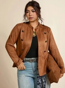 Freevana Plus Size Women's Solid Color Long Sleeve Double-Breasted Casual Jacket Fall Winter Business Casual Chic Suede Jacket - Mocha Brown - View 8