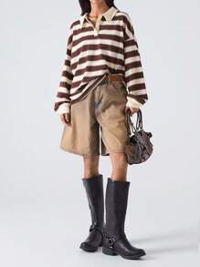 LYSMO 2025 Nuevo Llegado Minimalismo Otoño Mujer Camiseta casual holgada de cuello polo de manga larga con hombros caídos a rayas para salir, volver a la escuela, graduación, ropa urbana, grunge y punk chic, estilo Y2K y Estocolmo, mujer con estilo y maestra única, aeropuerto y viaje para mujer, blusas de otoño