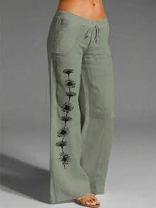 Linhara Pantaloni da donna taglie forti con stampa floreale e vita annodata, adatti per le vacanze - Verde militare - Visualizzare 1