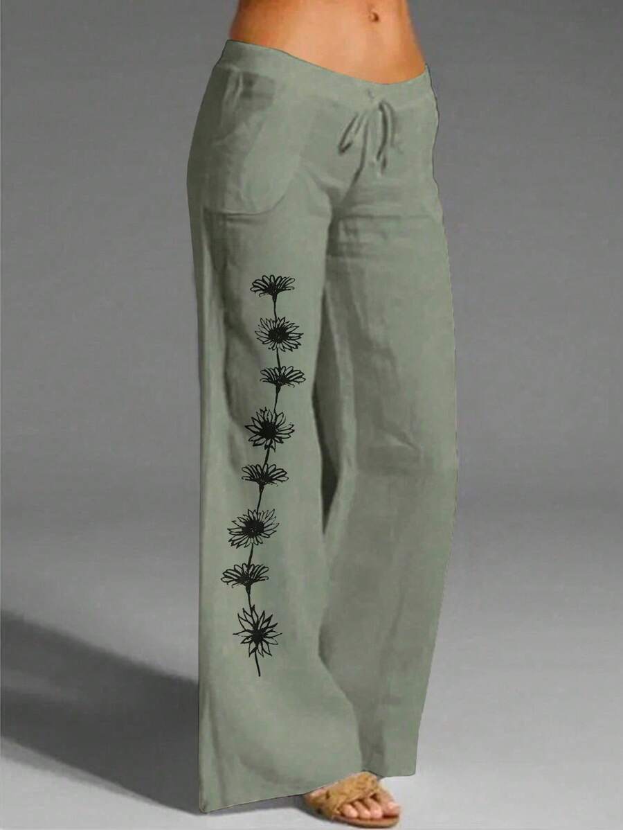 Linhara Pantaloni da donna taglie forti con stampa floreale e vita annodata, adatti per le vacanze - Verde militare - Visualizzare 1