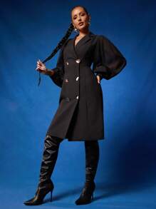 NYA SZN Dress Long Sleeve Plunge V Neck Button Up Collar Modest Guest Midi Length Outfits For Women - Black - View 4