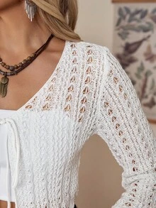 LanaWest Glockenärmel-Strickjacke mit Bindebändchen und Netzstruktur, Langarm-Oberteil - Weiss - Übersicht 4