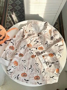 Franclia 女士休闲H型翻领长袖印花衬衫，适合万圣节、秋冬季 - 彩色 - 查看 4