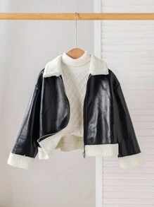 Young Girl Colorblock Thermal Lined Long Sleeve Jacket, Versatile For Autumn/Winter Fall - Black - View 4