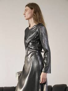 Uhlyne 女士简约度假连衣裙，V 领长袖手工褶裥系带裹腰连衣裙，金属灰色，秋季