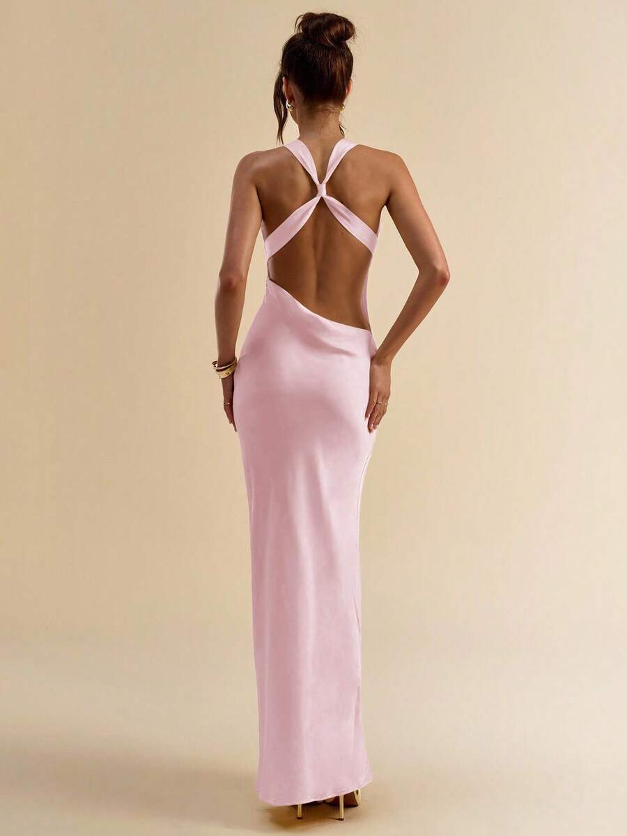 SHEIN BAE 女式夏季纯黄色垂坠领露背缎面连衣裙 - 珊瑚粉 - 查看 1