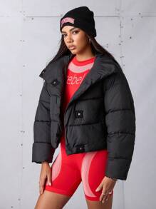 SHEIN Sports 女士运动冬季外套秋冬、毕业、返校服装、返校羽绒夹克保暖夹克夹棉夹克绗缝大衣黑色羽绒夹克 - 黑色 - 查看 2
