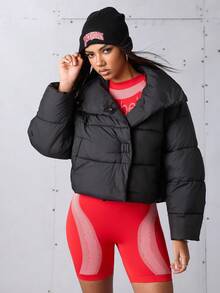 SHEIN Sports 女士运动冬季外套秋冬、毕业、返校服装、返校羽绒夹克保暖夹克夹棉夹克绗缝大衣黑色羽绒夹克 - 黑色 - 查看 5