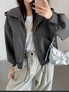 SHEIN 少女宽松连帽外套，休闲短款飞行员夹克卫衣，春秋季 - 深灰色 - 查看 2
