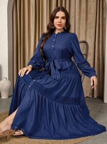 Graceveil 女式加大码荷叶边泡泡袖系腰蕾丝拼接 A 字连衣裙，优雅浪漫 - 藍色 - 查看 5