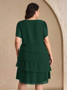 Chikora Plus Size Women's Solid Color Round Neck Ruffle Hem Loose Casual Dress