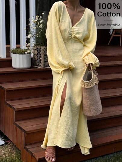 Siren Gaze Elegante vestido maxi de mujer de unicolor con cuello en V, espalda descubierta, fruncido, manga larga y abertura | Nueva llegada del otoño e invierno 2025 | Estilo de dinero antiguo | Perfecto para uso diario, ir al trabajo, salir de noche y vacaciones