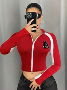 SHEIN ICON Women's Tight Fit T-Shirt With Stand Collar, Color Block Patchwork & Rivet Decor - Red and White - View 3