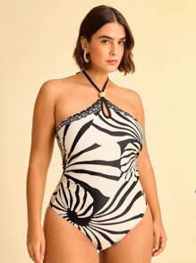 CAJUNI Đồ bơi liền thân in họa tiết Boho Vintage màu be & đen cỡ lớn cho nữ, cổ yếm, eo khoét sâu đính hạt - Nhiều màu - Xem 3