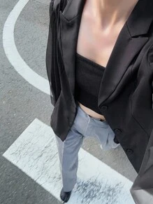 FRIFUL Women's Solid Color Lapel Neck Splice Mesh Long Sleeve Elegant Blazer, Fall Women Clothes Jackets For Women Jacket For Women Cropped Blazer Black Blazer Women Mesh Sleeve Blazer Black Crop Jacket Blazers For Women Sheer Sleeve Blazer Business Attire