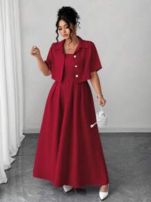 Elenzga 大码优雅女装时尚百搭文艺优雅淑女两件套：短袖夹克 + 长裙，适合夏季、返校、毕业典礼、节日、情人节、音乐节、母亲节、万圣节、感恩节、复活节、国庆节、舞会、约会、派对、郊游 - 紅色 - 查看 4