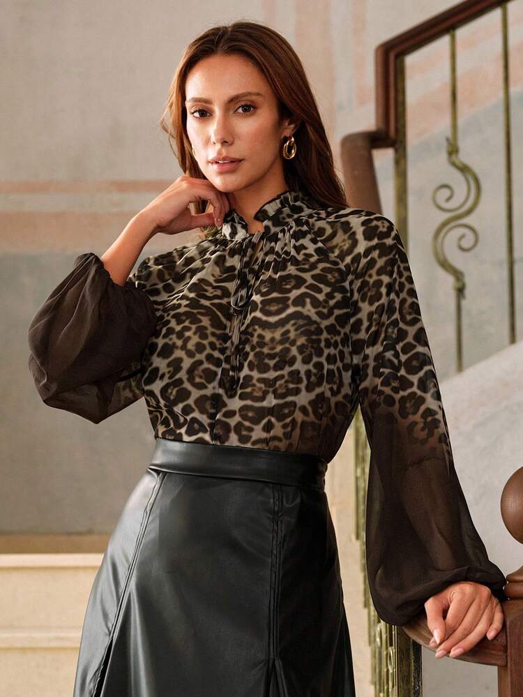 Women's Autumn Leopard Print Sheer Elegant Long Sleeve Black Blouse, Suitable For Business, Casual And Modern Occasions