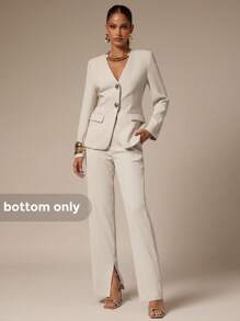 Silquee 女式休闲纯色开叉下摆西装裤 - 卡其色 - 查看 1