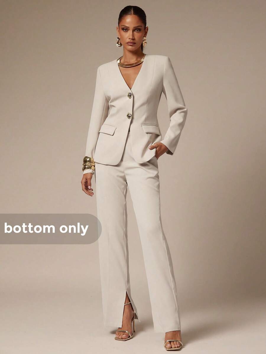 Silquee 女式休闲纯色开叉下摆西装裤 - 卡其色 - 查看 1