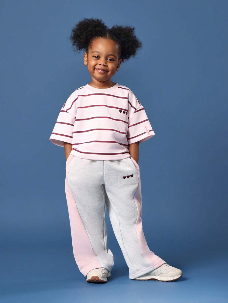 Striped T-Shirt With Heart Print And Wide Leg Joggers Set