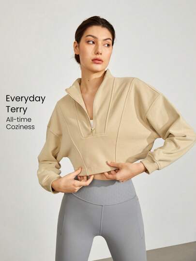 GLOWMODE Pulóver Cómodo Y Relajado Con Media Cremallera Y Corte Corto Con Tejido De Rizo Francés, Transpirable Y Que Absorbe La Humedad