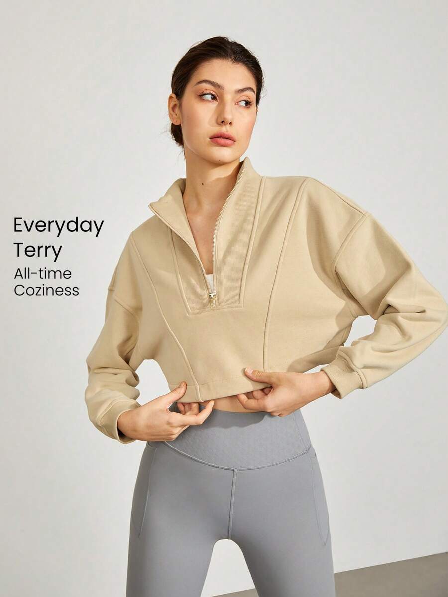 GLOWMODE Pulóver Cómodo Y Relajado Con Media Cremallera Y Corte Corto Con Tejido De Rizo Francés, Transpirable Y Que Absorbe La Humedad - Camel - Ver 1